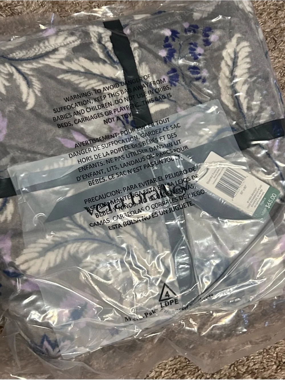 Brand new Vera Bradley Plush paisley Floral Pattern Gray and Blue blanket